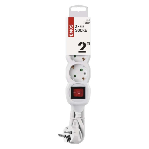 Extension Cord 2 m / 3 sockets / switch / white / PVC / 1 mm2 [1]