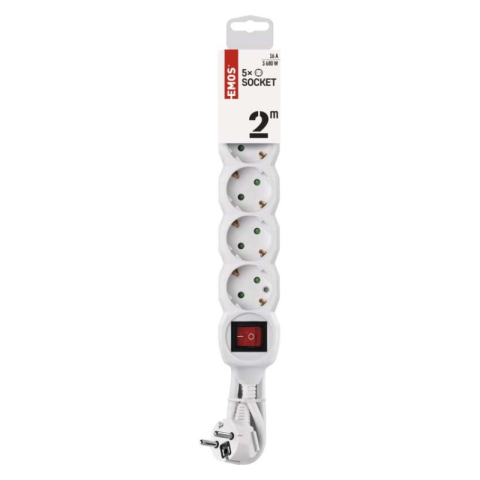 Extension Cord 2 m / 5 sockets / switch / white / PVC / 1 mm2 [1]