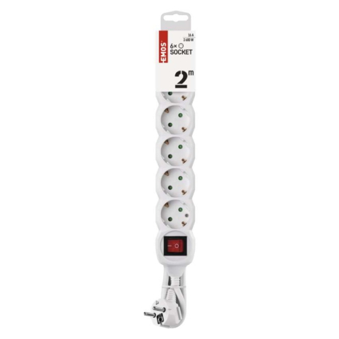Extension Cord 2 m / 6 sockets / switch / white / PVC / 1.5 mm2 [1]