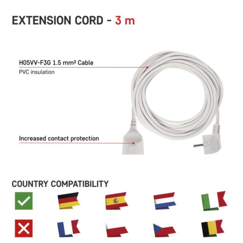 Extension Cord 3 m / 1 sockets / white / PVC / 1,5 mm2 [2]