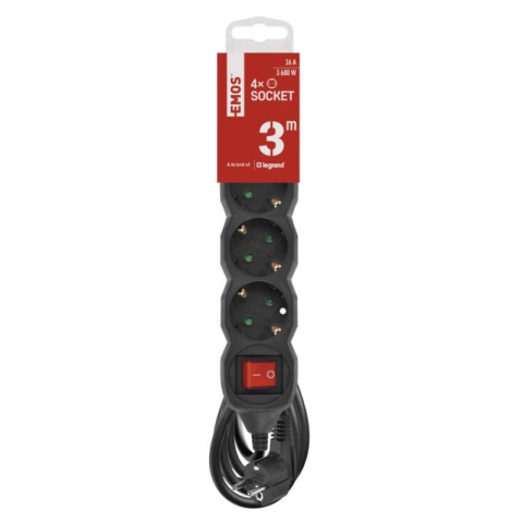Extension Cord 3 m / 4 sockets / switch / black / PVC / 1.5 mm2 [2]