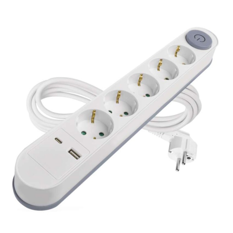 Emos - Extension Cord 3 m / 5 sockets / switch / white / 1× USB-A + 1× USB-C / 1.5 mm2