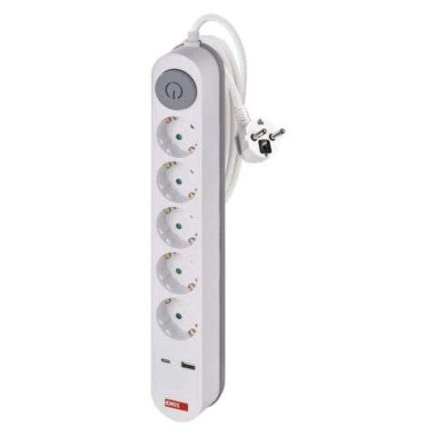 Extension Cord 3 m / 5 sockets / switch / white / 1× USB-A + 1× USB-C / 1.5 mm2 [1]