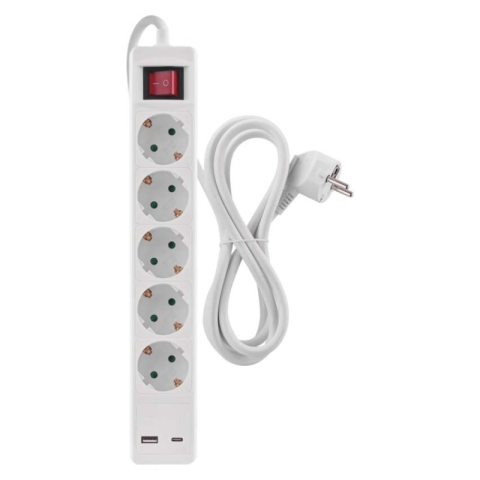 Extension Cord 3 m / 5 sockets / switch / white / 1× USB-A + 1× USB-C / 1.5 mm2 [1]