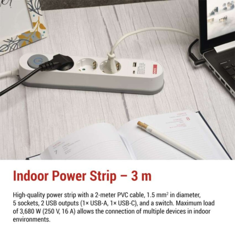 Extension cord 3 m / 5 sockets / switch / white-grey / 1×USB-A + 1×USB-C / 1.5 mm2 [1]