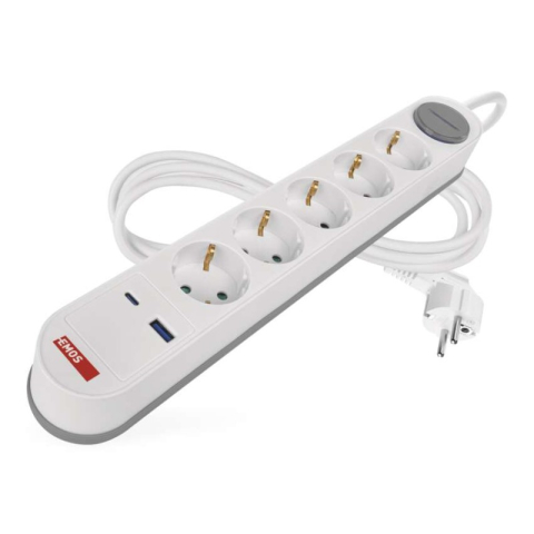 Emos - Extension cord 3 m / 5 sockets / switch / white-grey / 1×USB-A + 1×USB-C / 1.5 mm2