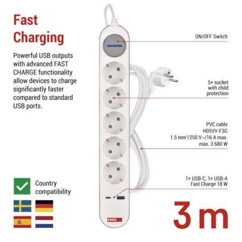 Extension cord 3 m / 5 sockets / switch / white-grey / 1×USB-A + 1×USB-C / 1.5 mm2 [2]
