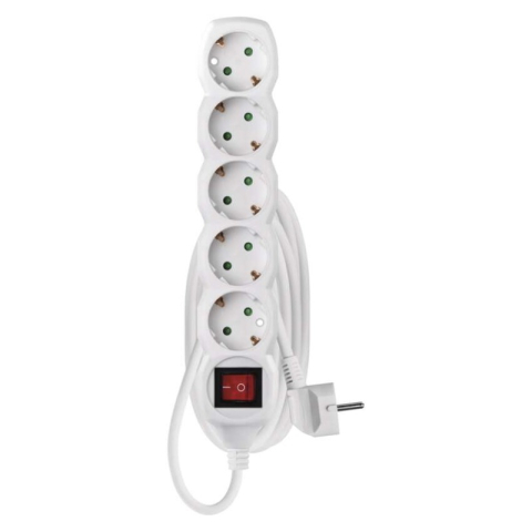 Extension Cord 3 m / 5 sockets / switch / white / PVC / 1.5 mm2 [1]