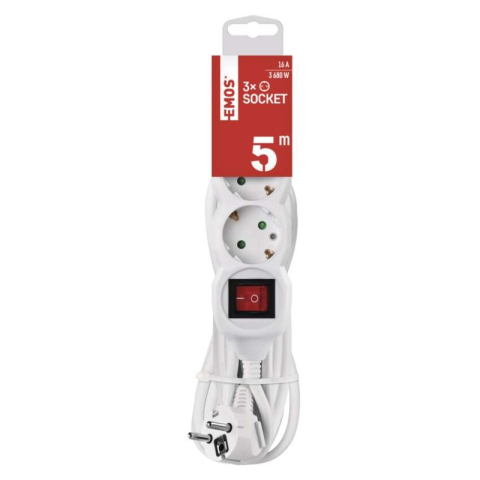 Extension Cord 5 m / 3 sockets / switch / white / PVC / 1.5 mm2 [2]
