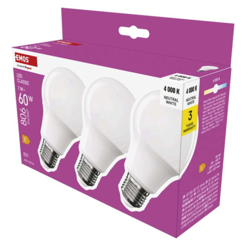 Emos - LED Bulb Classic A60 / E27 / 7 W (60 W) / 806 lm / Neutral White