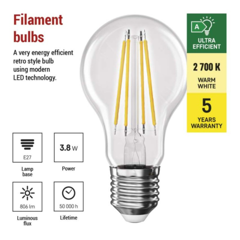 LED Bulb Filament A60 A CLASS / E27 / 3.8 W (60 W) / 806 lm / warm white [2]