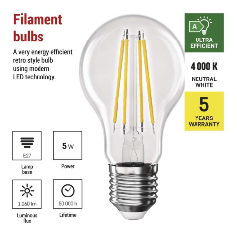 LED Bulb Filament A60 A CLASS/ E27 / 5 W (75 W) / 1 060 lm / neutral white [2]