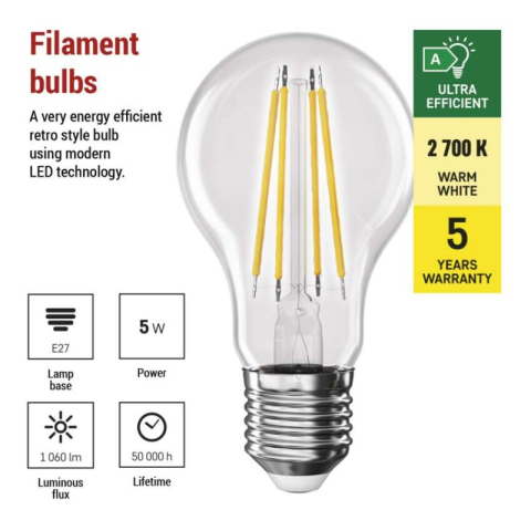 LED Bulb Filament A60 A CLASS/ E27 / 5 W (75 W) / 1 060 lm / warm white [2]