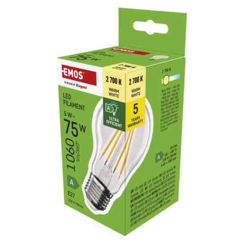 Emos - LED Bulb Filament A60 A CLASS/ E27 / 5 W (75 W) / 1 060 lm / warm white