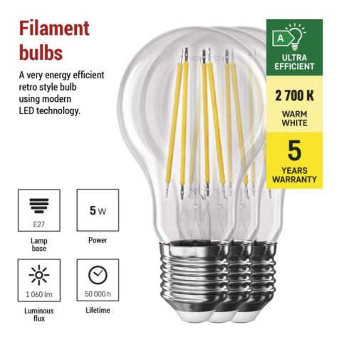 LED Bulb Filament A60 A CLASS/ E27 / 5 W (75 W) / 1 060 lm / warm white [2]
