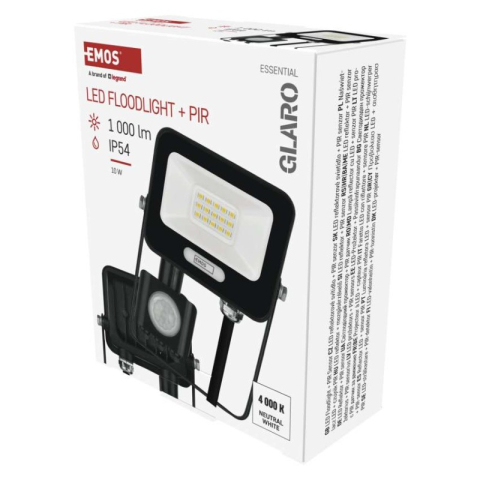 LED floodlight GLARO with motion sensor, 10 W, black, IP54, 1000 lm, neutral white [1]