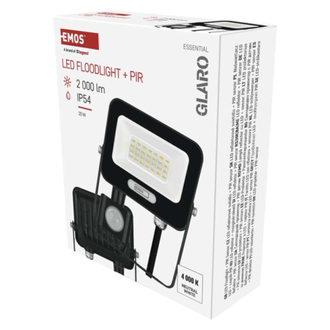 LED floodlight GLARO with motion sensor, 20 W, black, IP54, 2000 lm, neutral white [1]