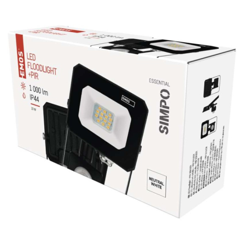 Emos - LED floodlight SIMPO with motion sensor, 10 W, black, neutral white
