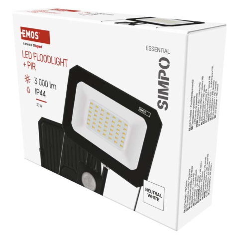 Emos - LED floodlight SIMPO with motion sensor, 30 W, black, neutral white