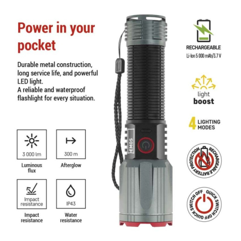 LED rechar. metal flashlight 3000 lm, 5000 mAh [2]