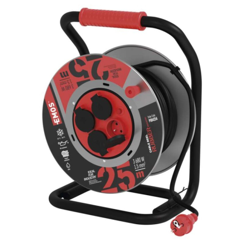 Power supply extension cords, cable reels, plugs, accessories FRENCH - Metal cable reel, rubber-neoprene, 4s, 25m, 1.5mm2