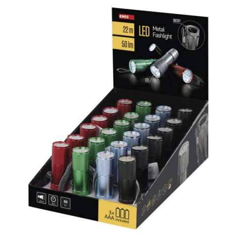 Emos - Metal LED Flashlight, 9× LED, 3× AAA, 24 pcs, display box