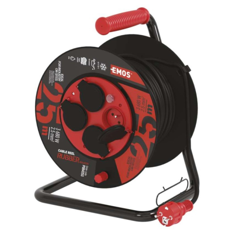 Power supply extension cords, cable reels, plugs, accessories FRENCH - Rubber Extension Cord Reel 25 m / 4 sockets / black / rubber-neoprene / 230V / 2,5mm2