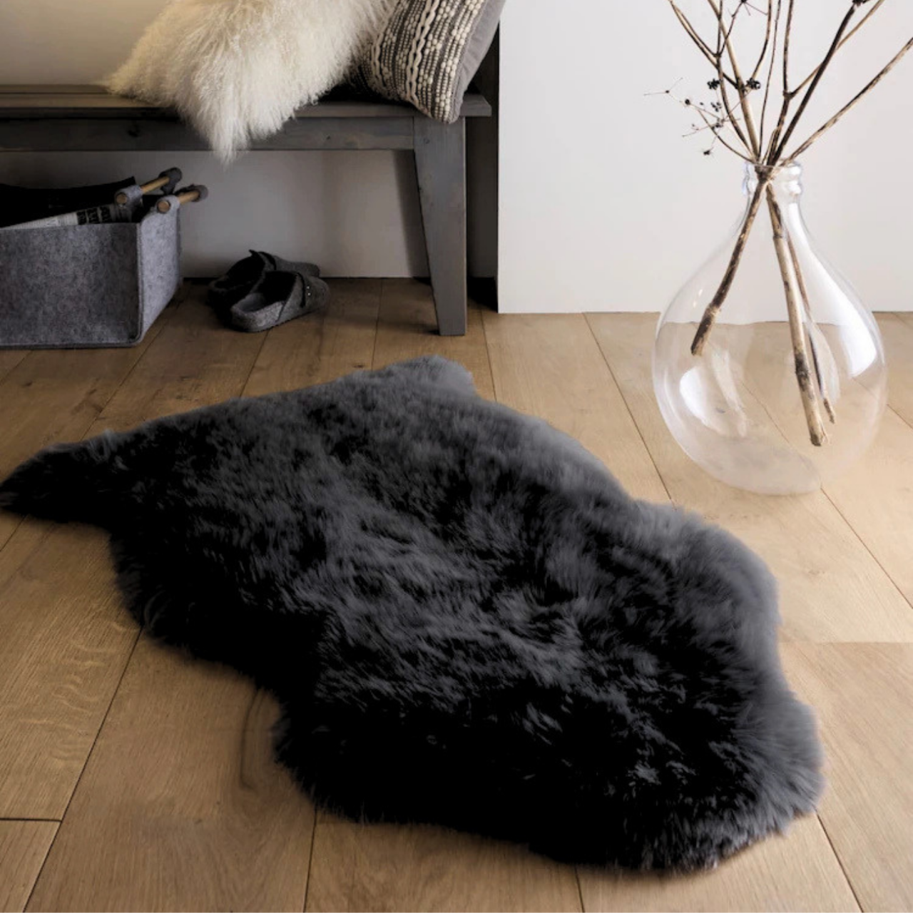 Blana naturala de oaie Noua Zeelanda, covor lux ultra moale, termoreglator, decor premium, Negru [2]
