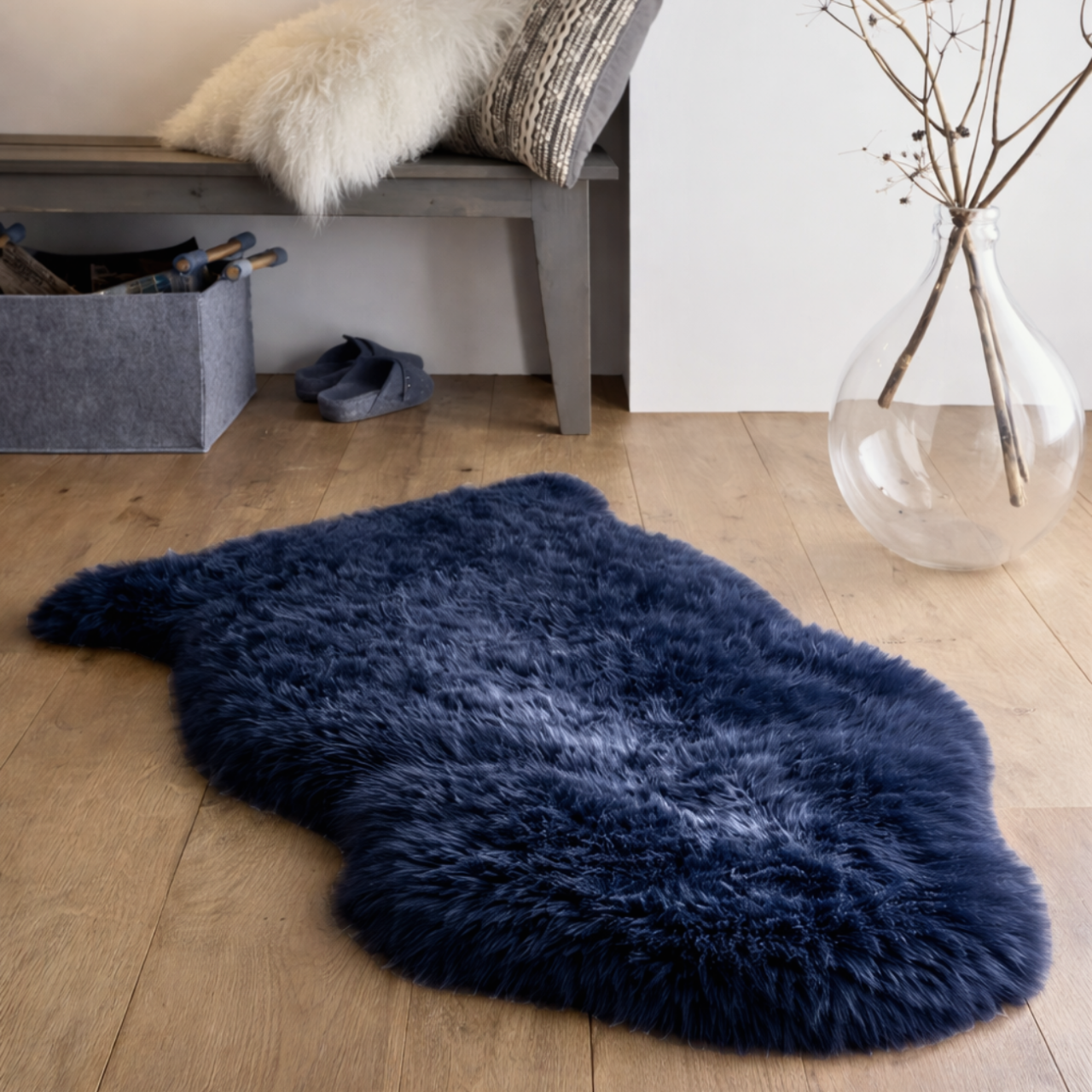 Blana naturala de oaie Noua Zeelanda, covor lux ultra moale, termoreglator, decor premium, Albastru [2]