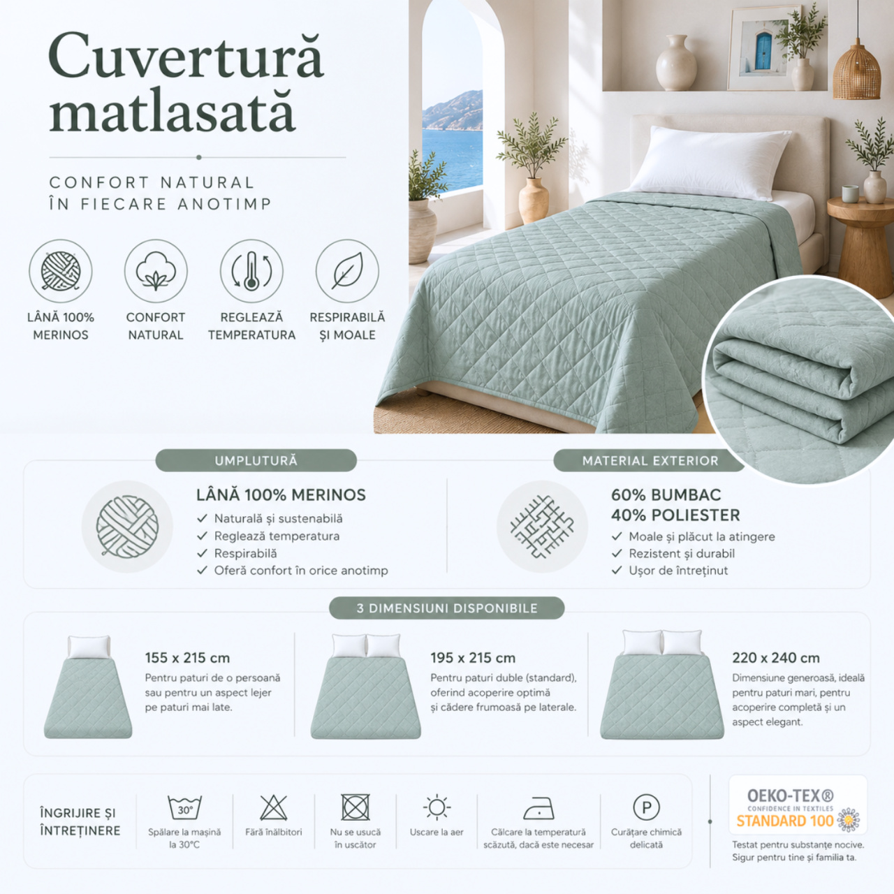 Premium Quilted 100% Merino Wool Bedspread, LanaWool,155 x 215 cm  450 g/m² | Breathable & Thermoregulating for Summer | Cotton Cover with Enhanced Wear Resistance, Turquoise [5]