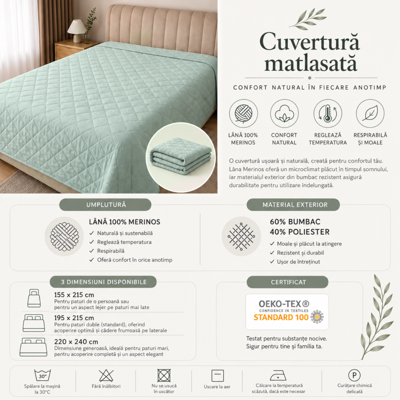 Premium Quilted 100% Merino Wool Bedspread, LanaWool,155 x 215 cm  450 g/m² | Breathable & Thermoregulating for Summer | Cotton Cover with Enhanced Wear Resistance, Turquoise [4]