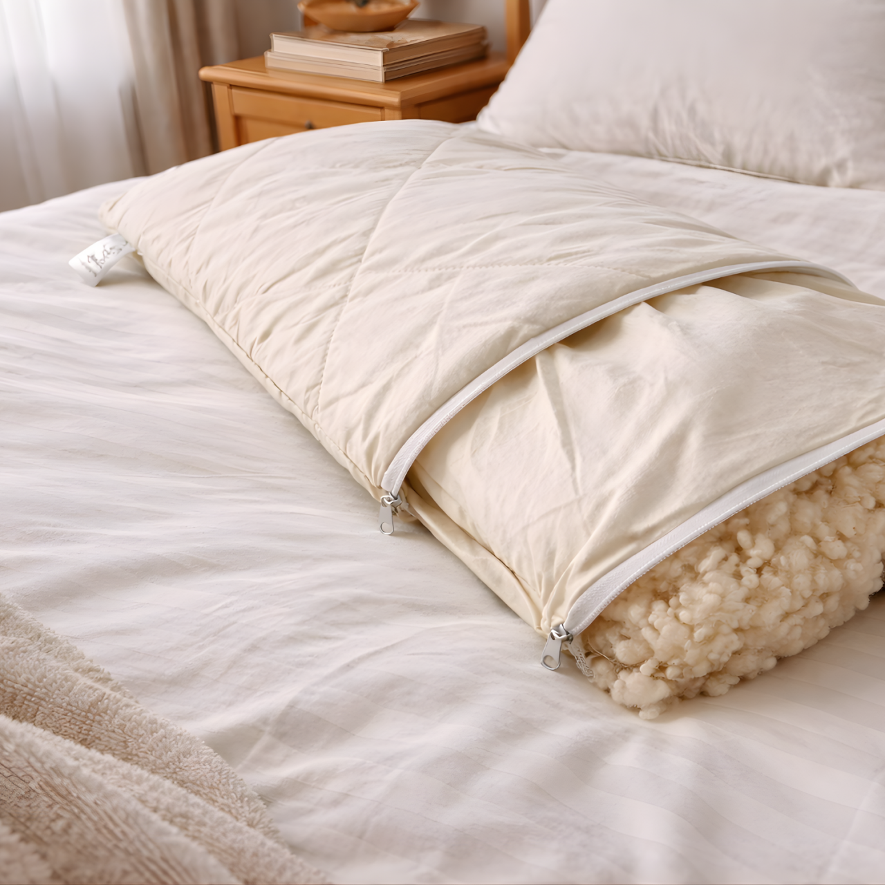 Husă de Pernă Matlasată Lână Merino 100% LanaWool | 50x70 cm | Exterior Bumbac OekoTex Clasa 1, Crem [3]