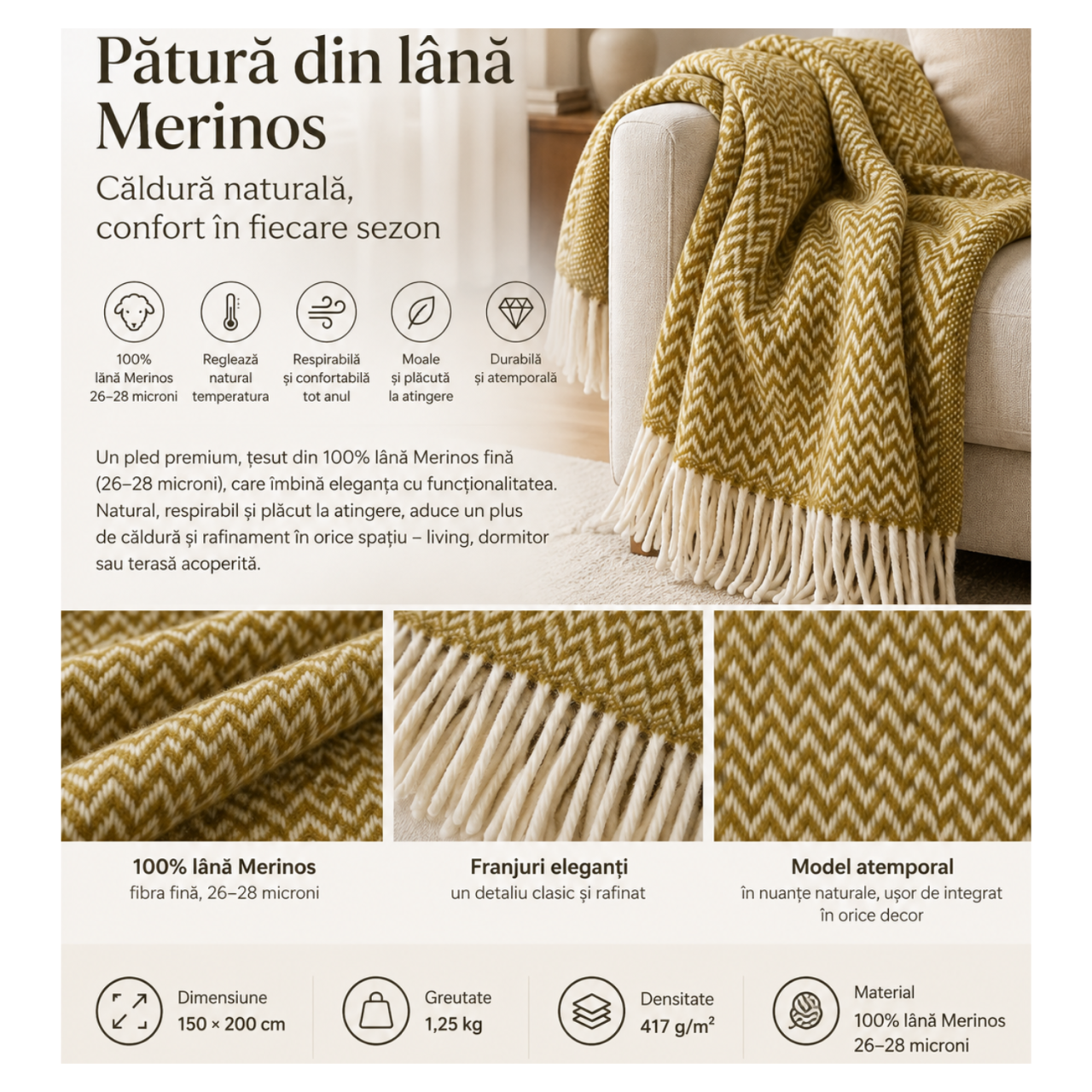 Lanawool 100 % Merinowolle Decke, 150 x 200 cm, 417 g/m², Dick & Warm, Temperaturregulierend, Atmungsaktiv, Ockergelb, Chevron-Muster, mit Fransen [5]