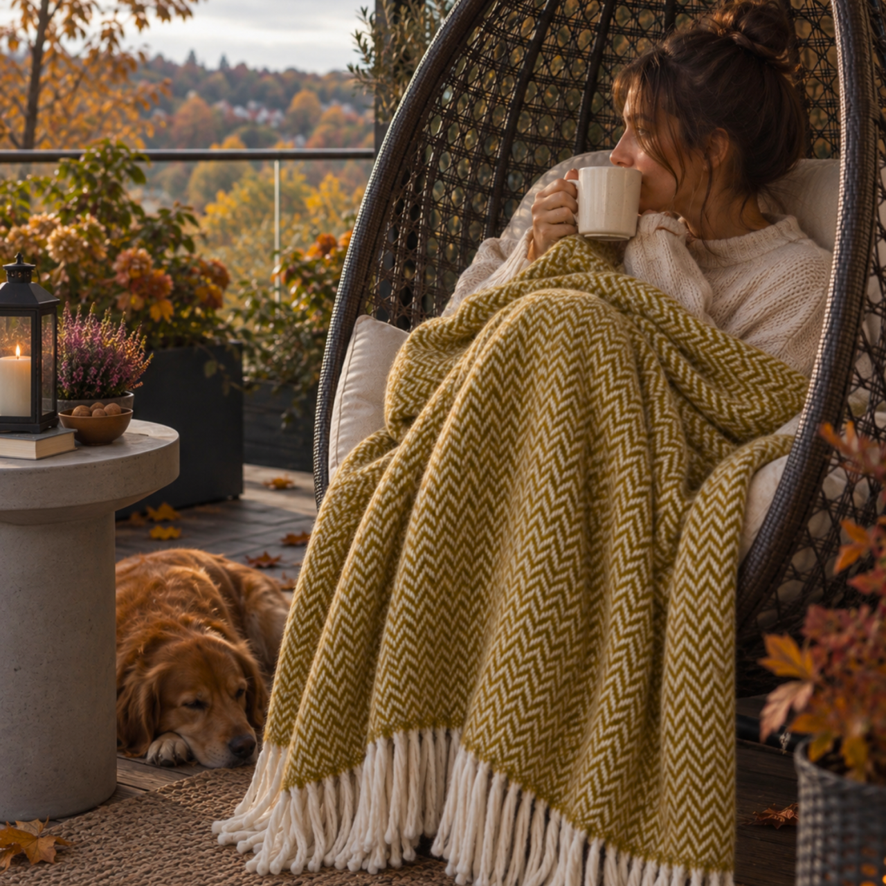 Lanawool 100 % Merinowolle Decke, 150 x 200 cm, 417 g/m², Dick & Warm, Temperaturregulierend, Atmungsaktiv, Ockergelb, Chevron-Muster, mit Fransen [2]
