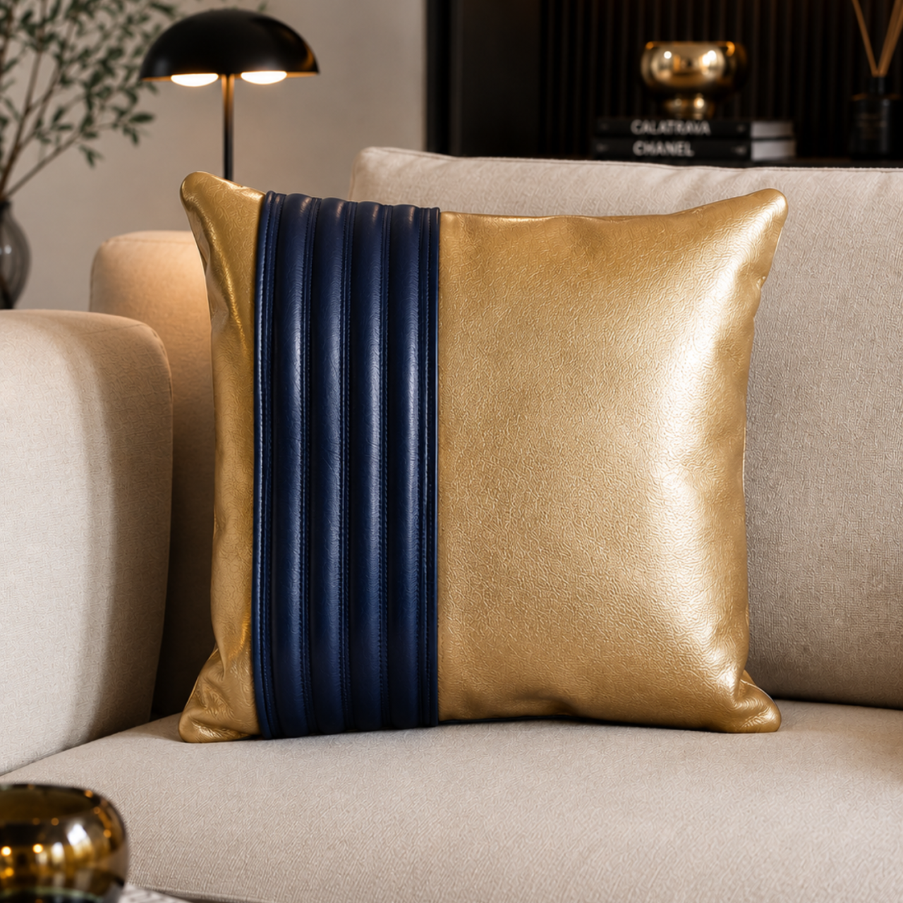 Decorative Cushion Aminea, with Genuine Leather Cover and 100% Merino Wool Filling, 40x40 cm, Zipper Closure,Cappuccino-Navy - Copie [6]