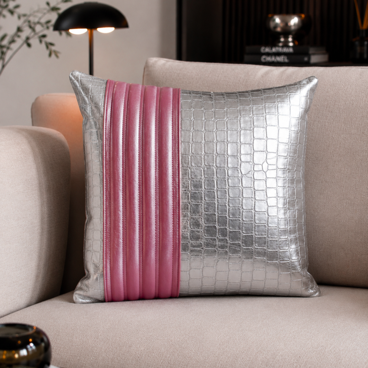 Decorative Cushion Aminea, with Genuine Leather Cover and 100% Merino Wool Filling, 40x40 cm, Zipper Closure,Cappuccino-Navy - Copie [5]