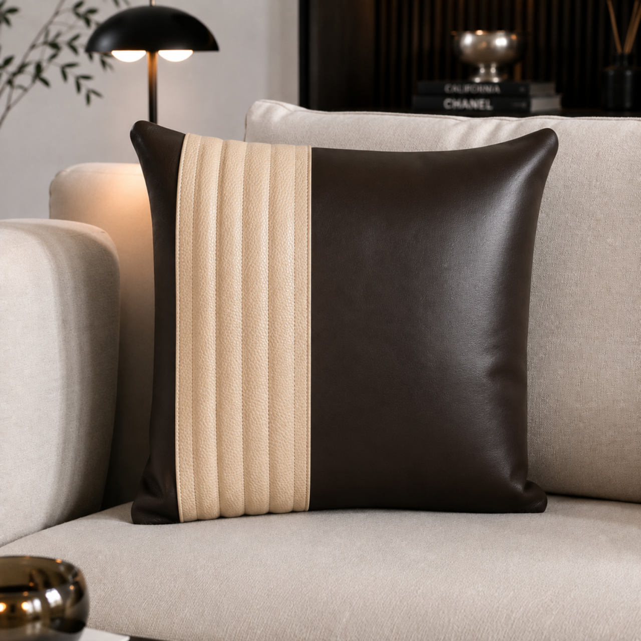 Decorative Cushion Aminea, with Genuine Leather Cover and 100% Merino Wool Filling, 40x40 cm, Zipper Closure,Cappuccino-Navy - Copie [17]