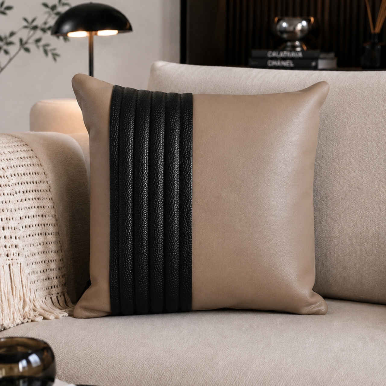 Decorative Cushion Aminea, with Genuine Leather Cover and 100% Merino Wool Filling, 40x40 cm, Zipper Closure,Cappuccino-Navy - Copie [9]