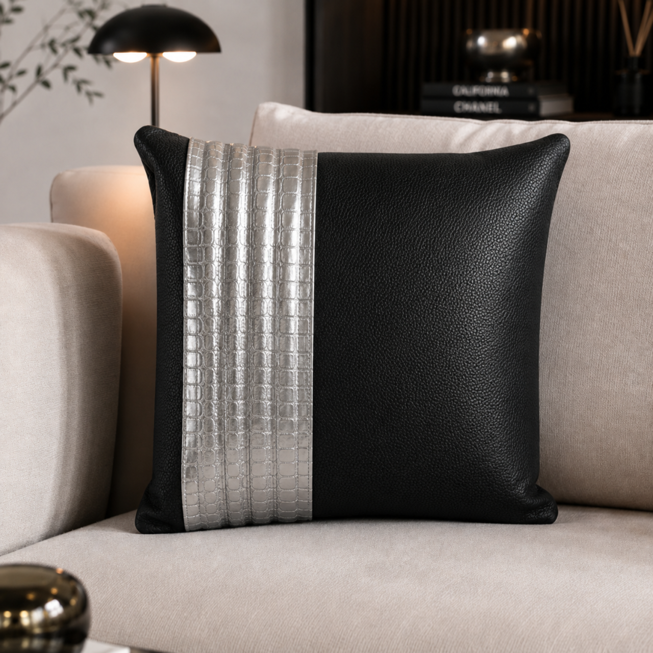 Decorative Cushion Aminea, with Genuine Leather Cover and 100% Merino Wool Filling, 40x40 cm, Zipper Closure,Cappuccino-Navy - Copie [14]