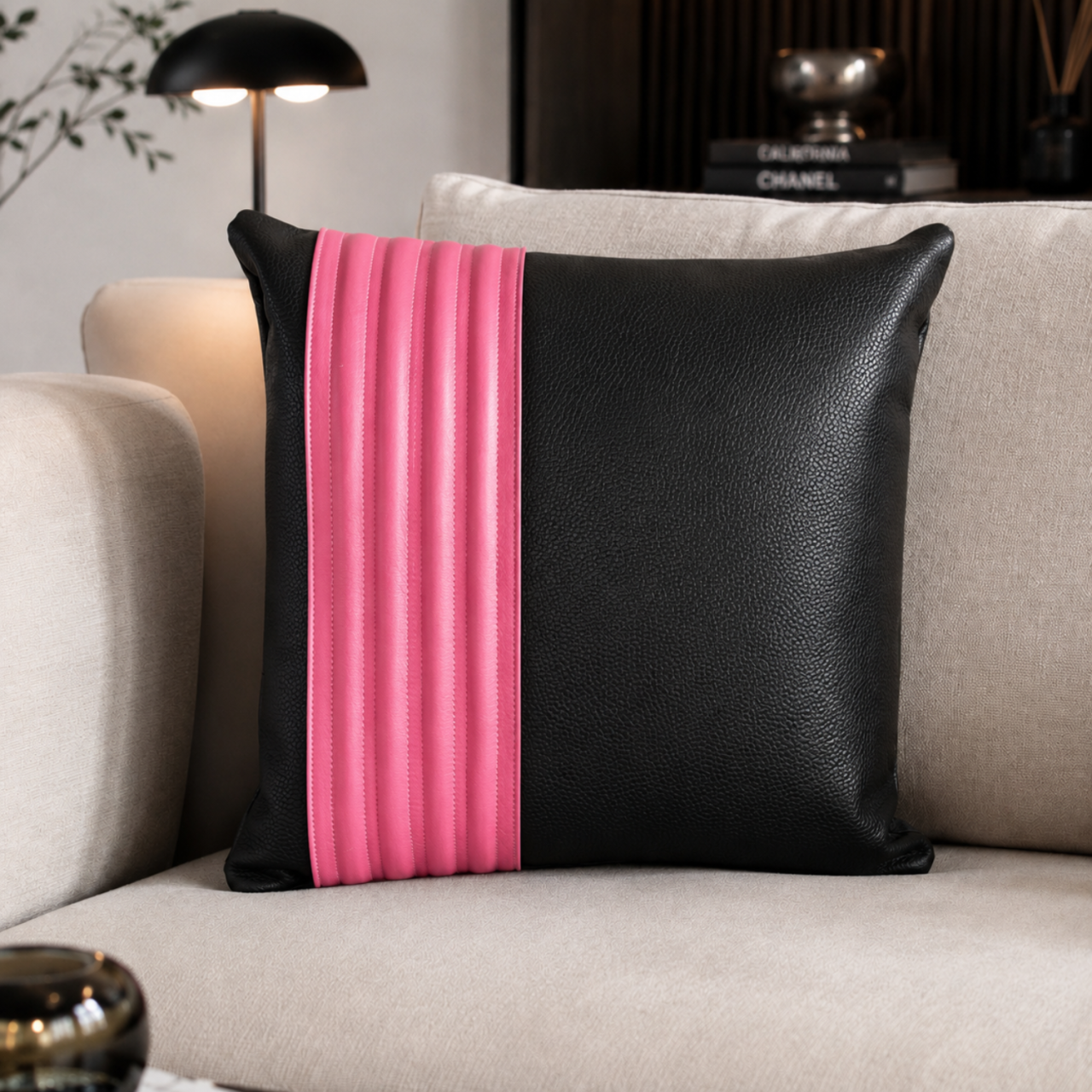 Decorative Cushion Aminea, with Genuine Leather Cover and 100% Merino Wool Filling, 40x40 cm, Zipper Closure,Cappuccino-Navy - Copie [10]