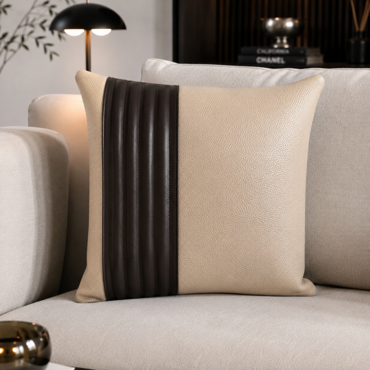 Decorative Cushion Aminea, with Genuine Leather Cover and 100% Merino Wool Filling, 40x40 cm, Zipper Closure,Cappuccino-Navy - Copie [16]