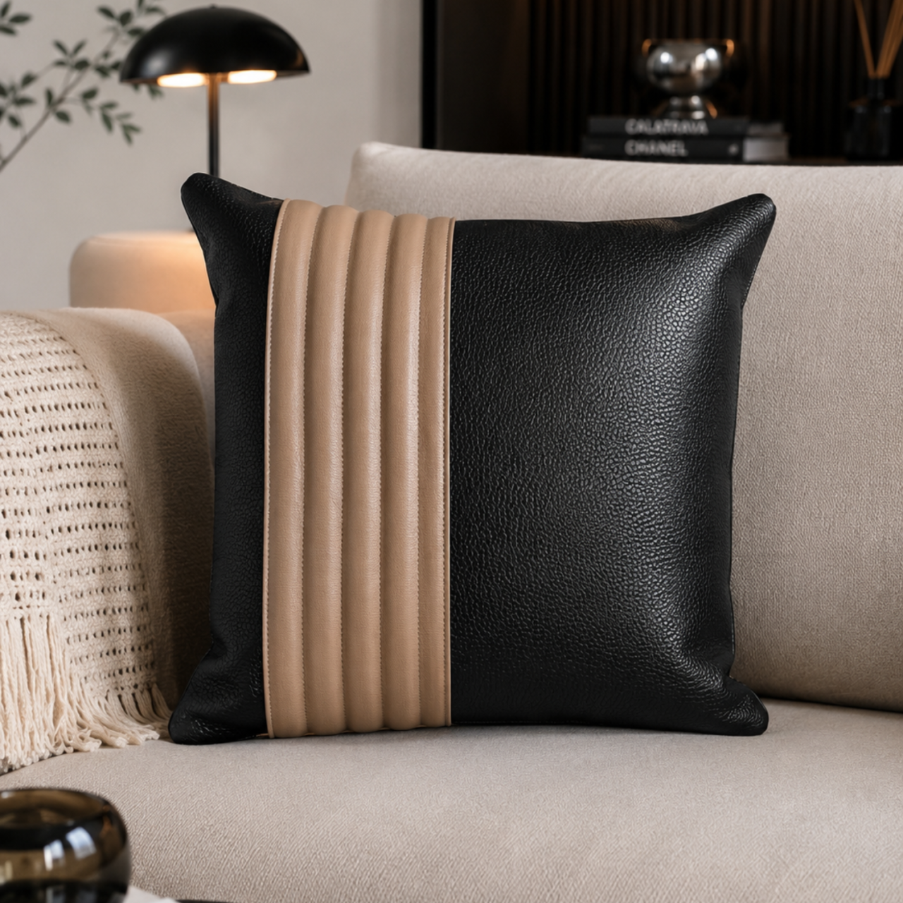 Decorative Cushion Aminea, with Genuine Leather Cover and 100% Merino Wool Filling, 40x40 cm, Zipper Closure,Cappuccino-Navy - Copie [8]