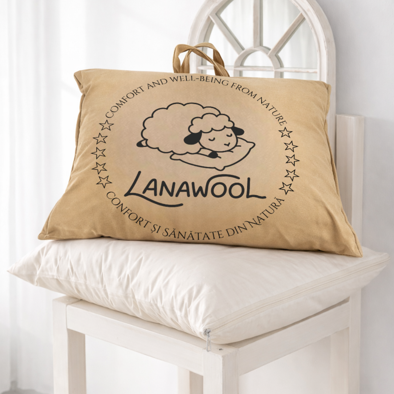 Pernă Lână Merino 100% LanaWool | 40x40 cm Fermitate Medie 300 g | Exterior Bumbac OekoTex Clasa 1 cu Fermoar, Crem [6]