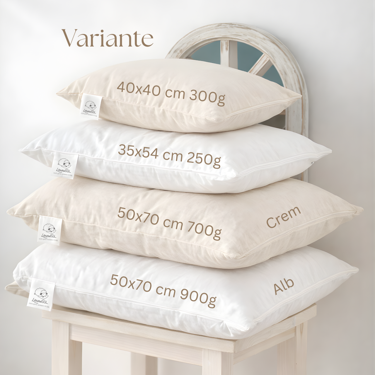 Pernă Lână Merino 100% LanaWool | 40x40 cm Fermitate Medie 300 g | Exterior Bumbac OekoTex Clasa 1 cu Fermoar, Crem [5]