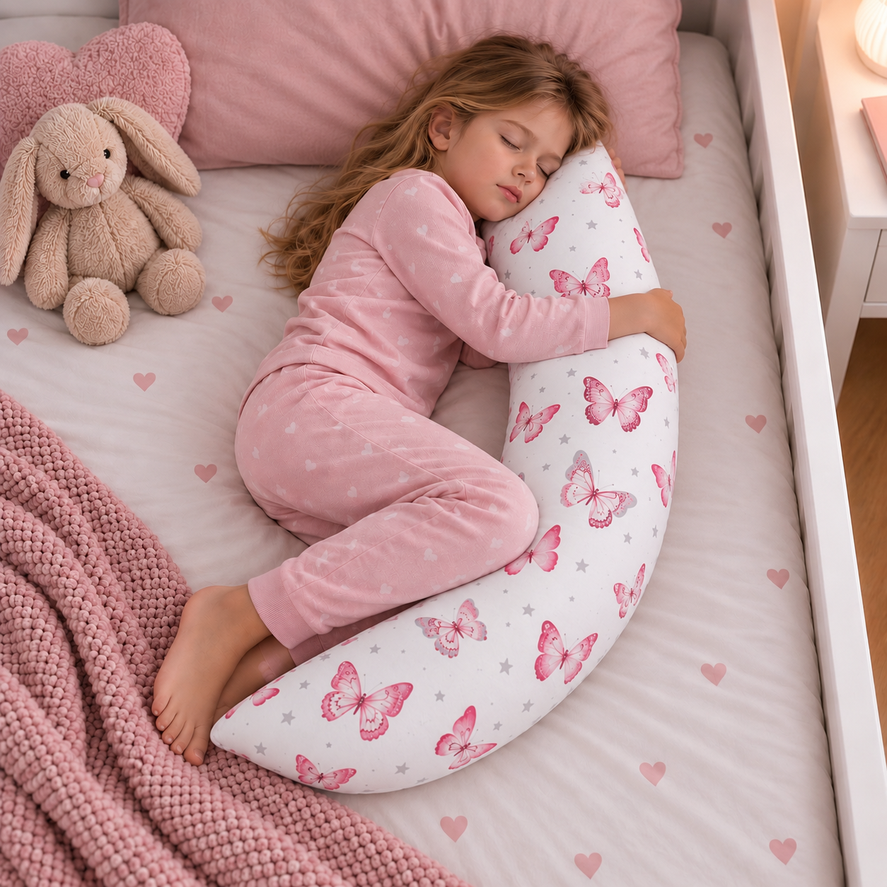 Lanawool Seitenschläferkissen für Kinder, J-förmig, aus 100 % Merinowolle, 79 cm – Hoher Härtegrad, 400 g Füllung, Abnehmbarer Bezug aus 100 % Baumwolle + Kissenbezug mit Reißverschluss [2]