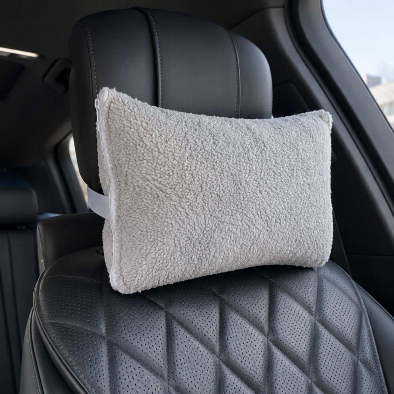 Pernă Tetiera  Auto cu Lână Merino 100% LanaWool | 20x30 cm | Exterior Fleece, Perna  Ajutor in condus, Spondiloza, Dureri Cervicale, Gri [3]