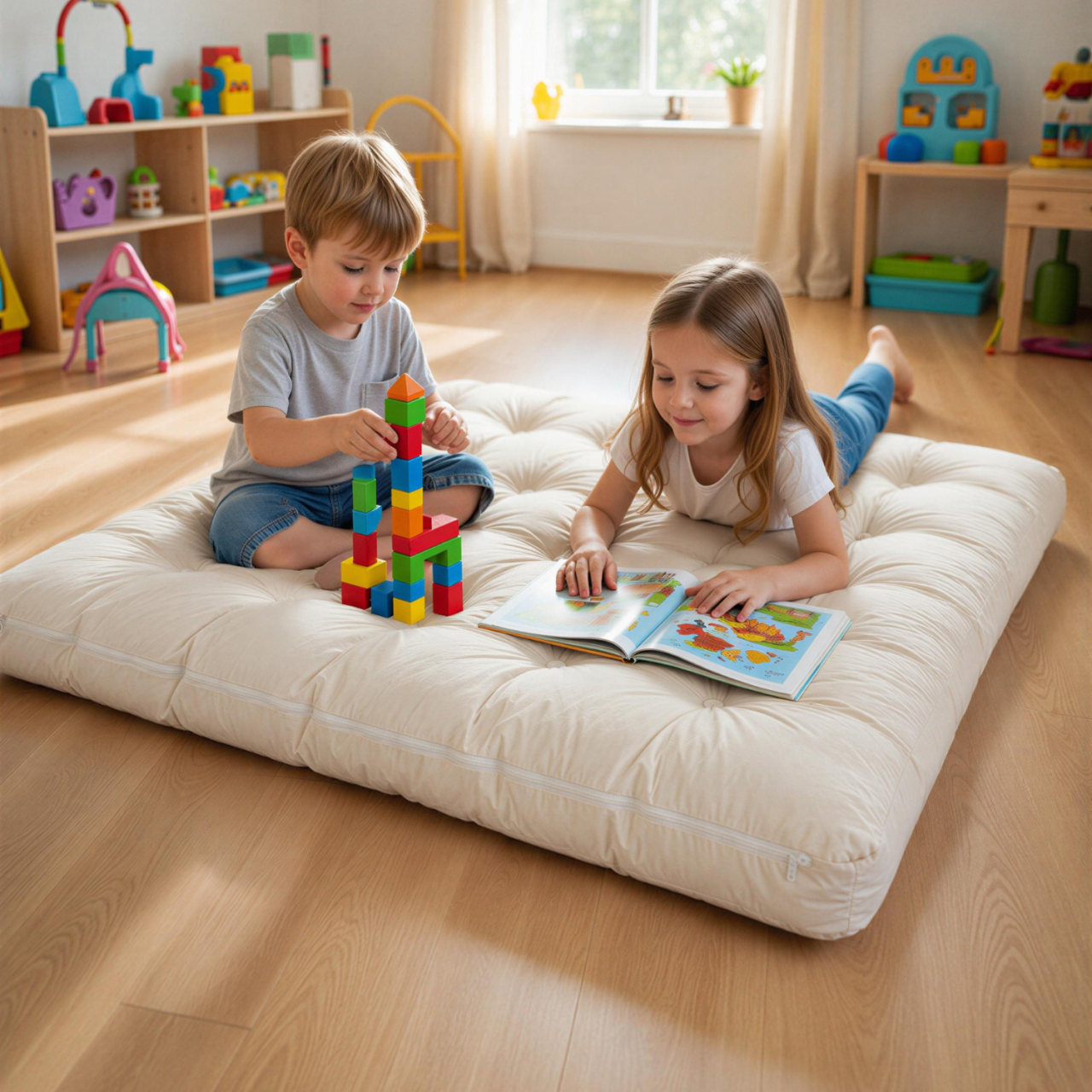 Saltea Futon Lana Merinos 100%, 130x105x15 cm, Fermitate ridicata, fermoar, saltea joaca, canapea palet, husa bumbac 100% canvas [3]