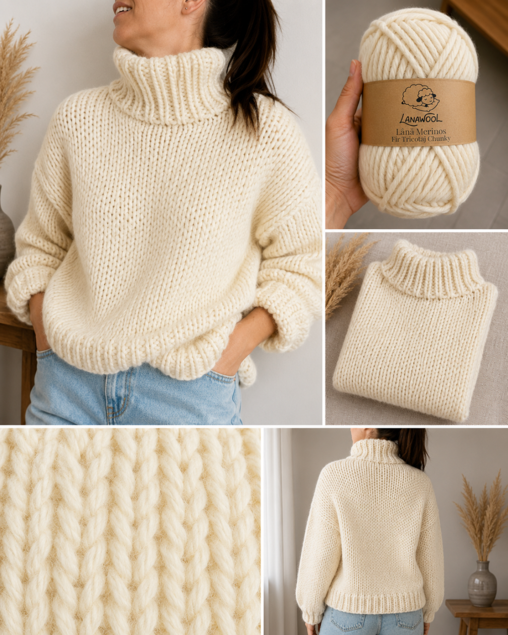Set 3 x Fir de tricotat/crosetat Lana 100% Merinos, LanaWool, 120m / 100g, 3-4mm grosime, Chunky, Alb Natur 59AN [2]
