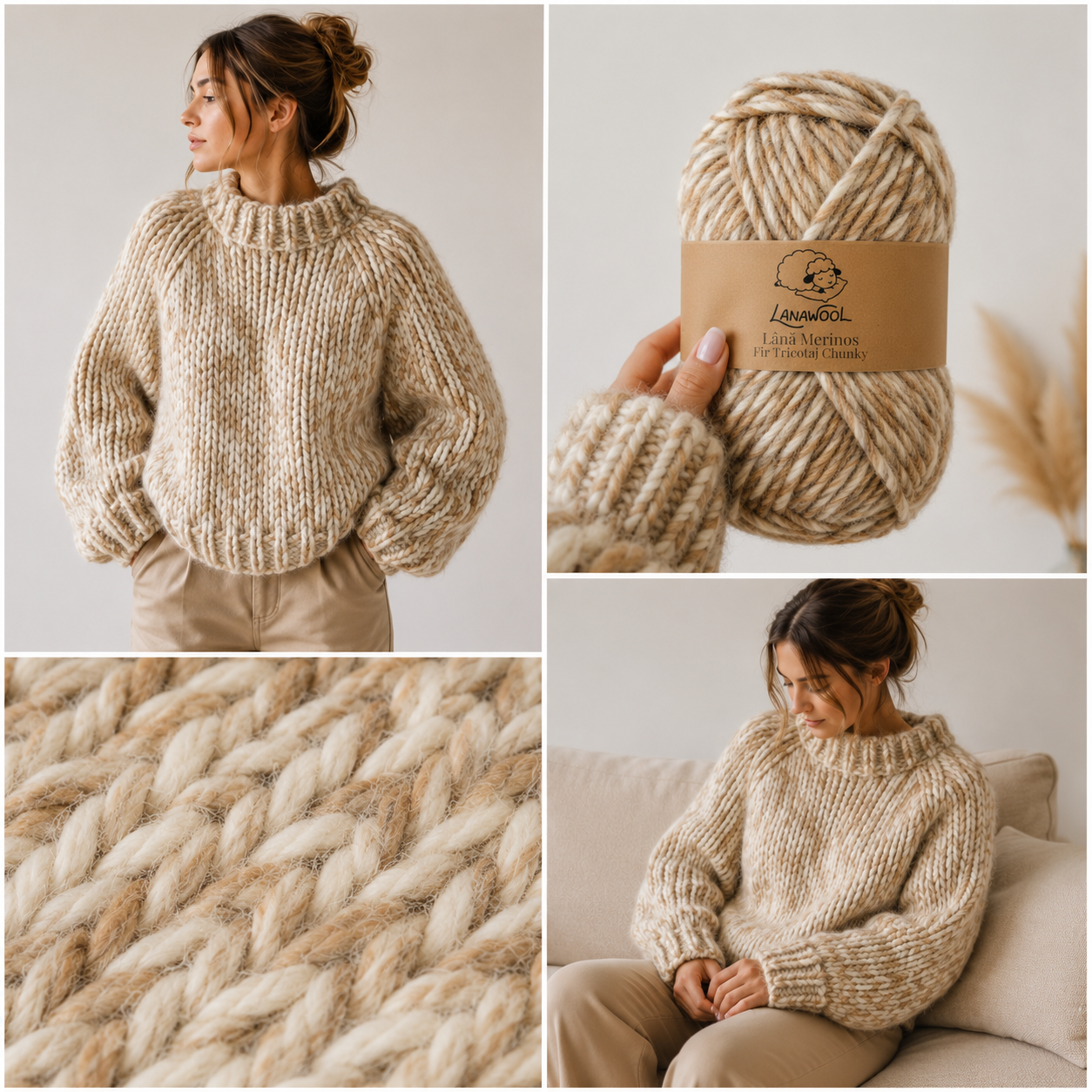 Pack of 3 × 100% Merino Wool Knitting/Crochet Yarn, LanaWool, 120 m / 100 g Each, 3–4 mm Thickness, Chunky Weight, White-Cappuccino 89DGC [2]