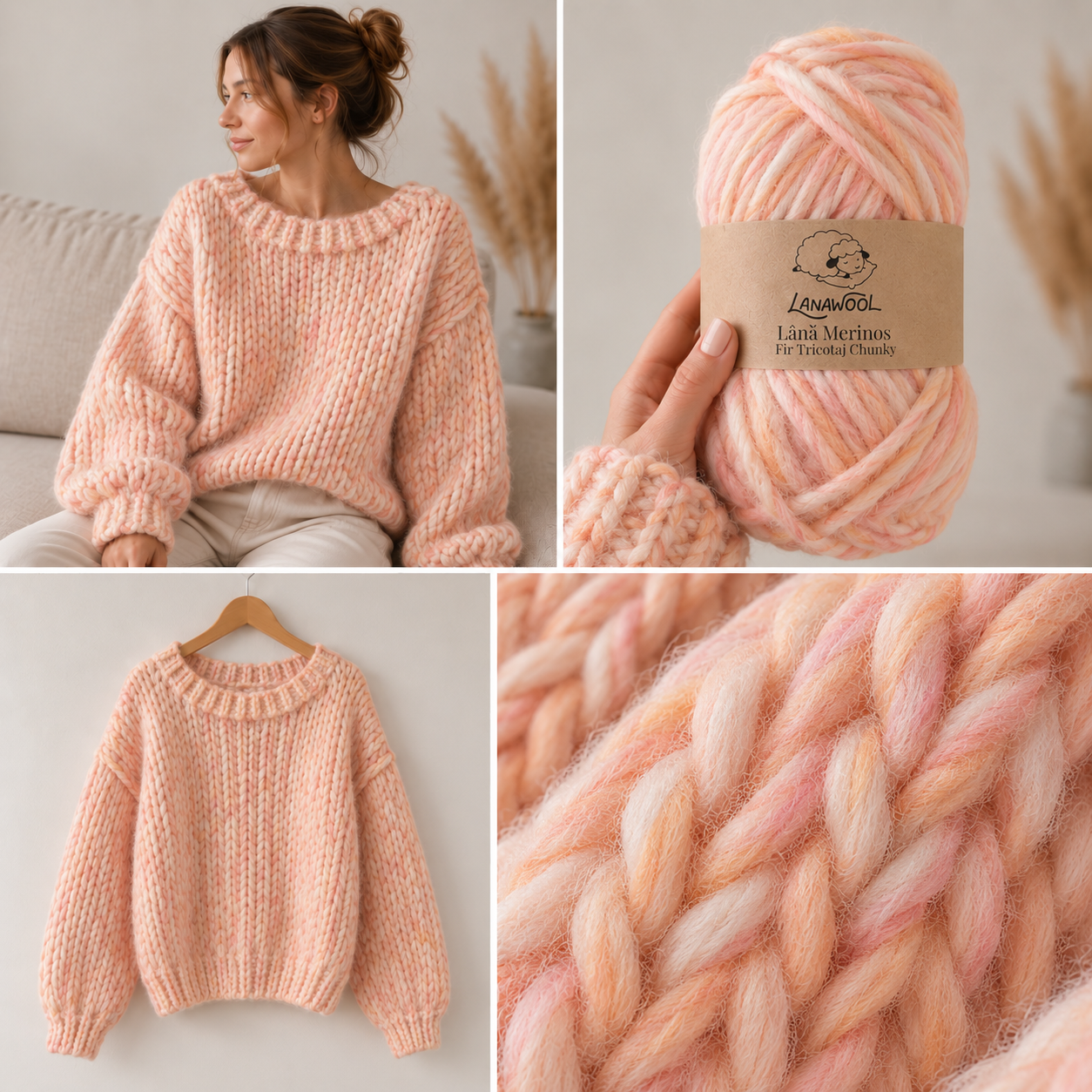 Set 3x Fir de tricotat/crosetat Lana 100% Merinos, LanaWool, 120m / 100g, 3-4mm grosime, Chunky, Alb-Roz 87DGR [2]